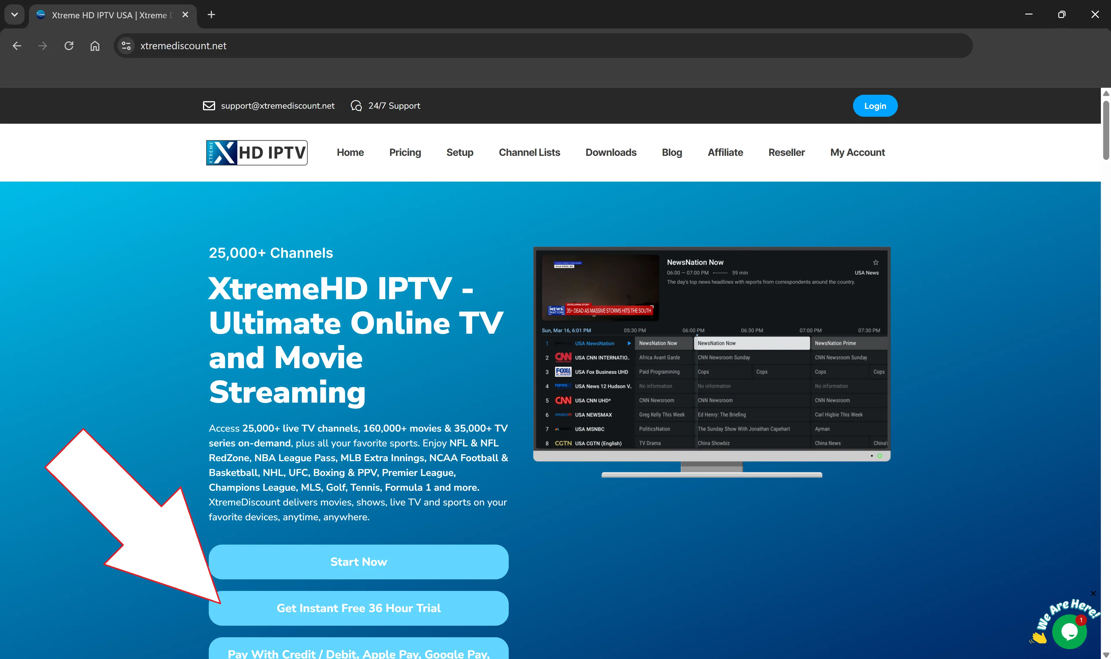 XtremeDiscount IPTV homepage with Free Trial button highlighted