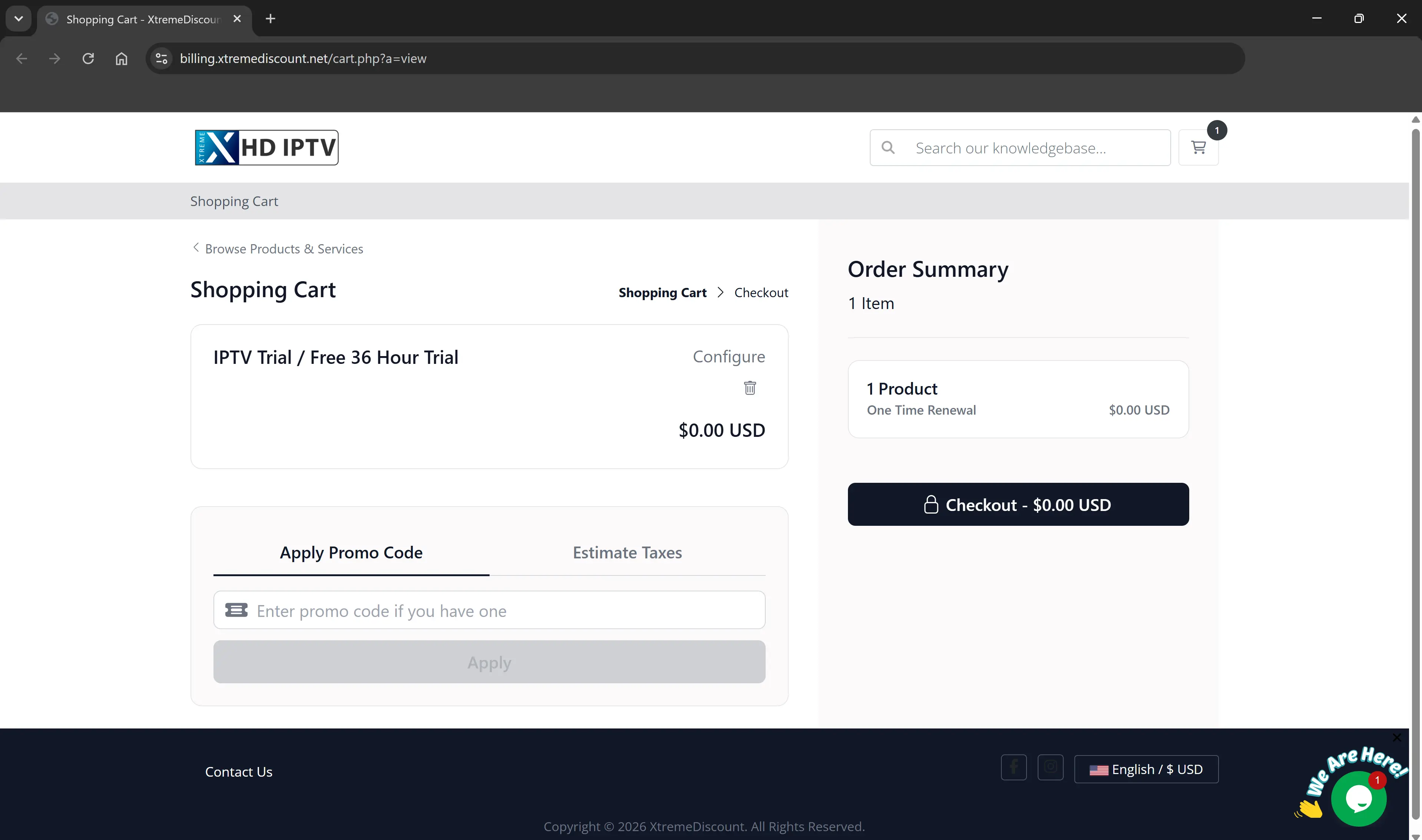 XtremeDiscount free IPTV trial checkout showing zero dollars