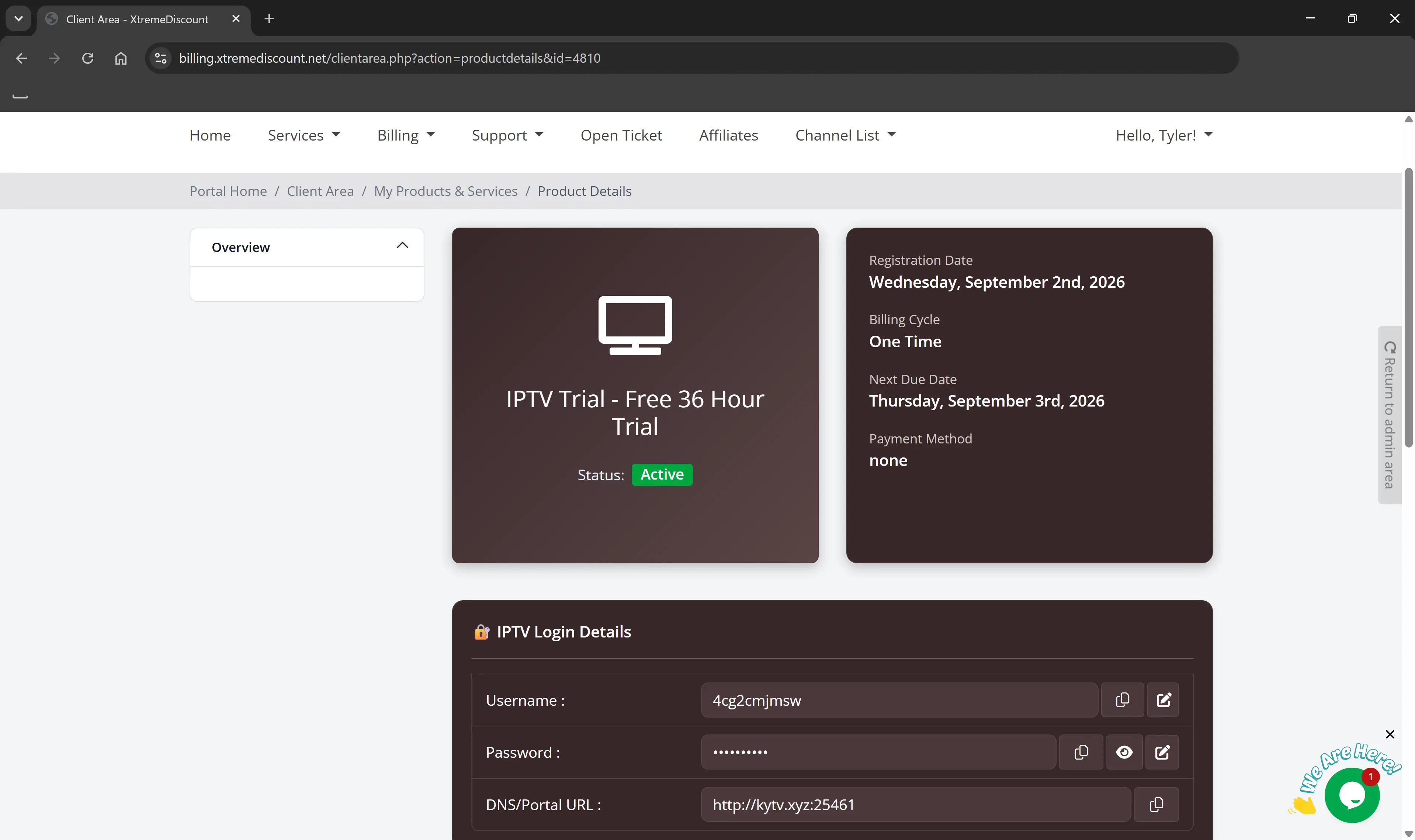 XtremeDiscount billing portal showing IPTV trial credentials