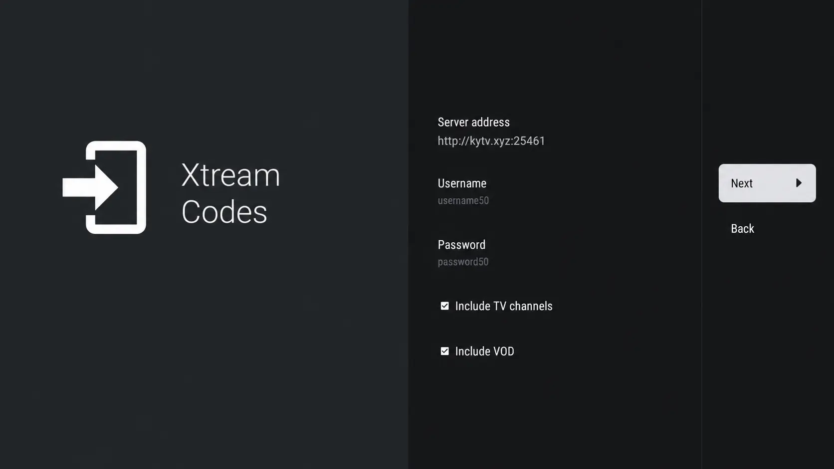 XtremeDiscount IPTV credentials entered into TiviMate