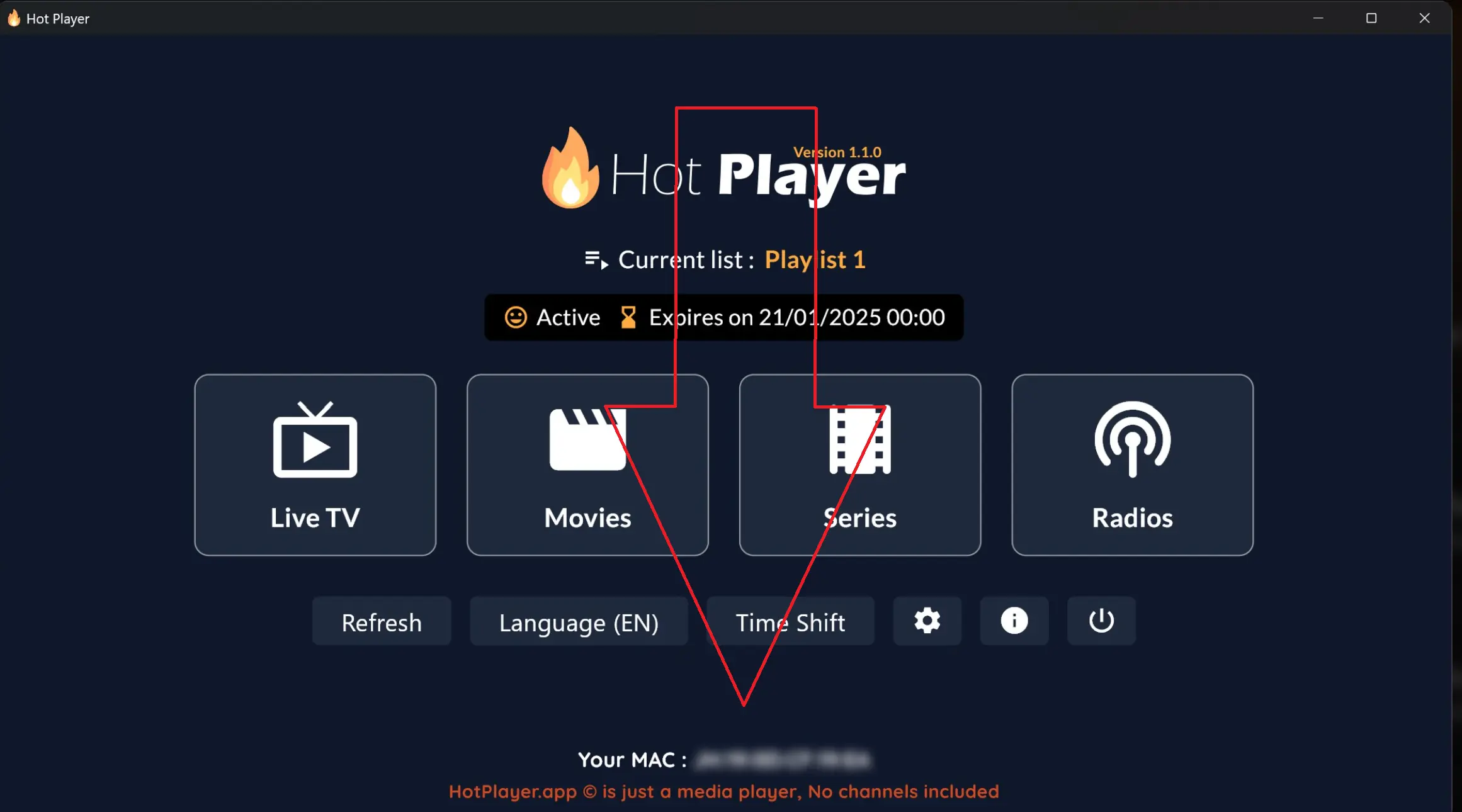 HotPlayer welcome screen showing MAC address