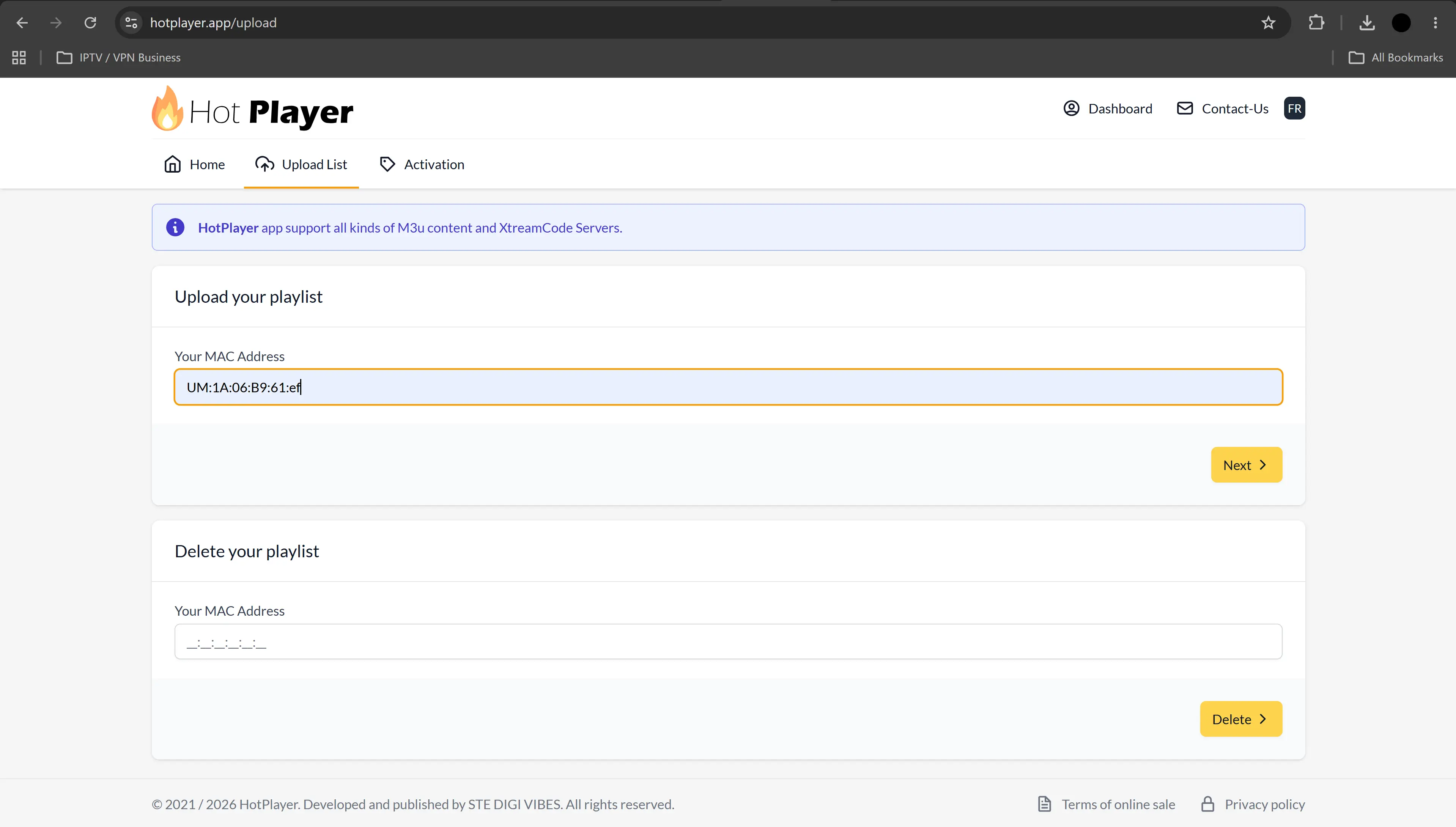 Enter HotPlayer MAC address on upload playlist website