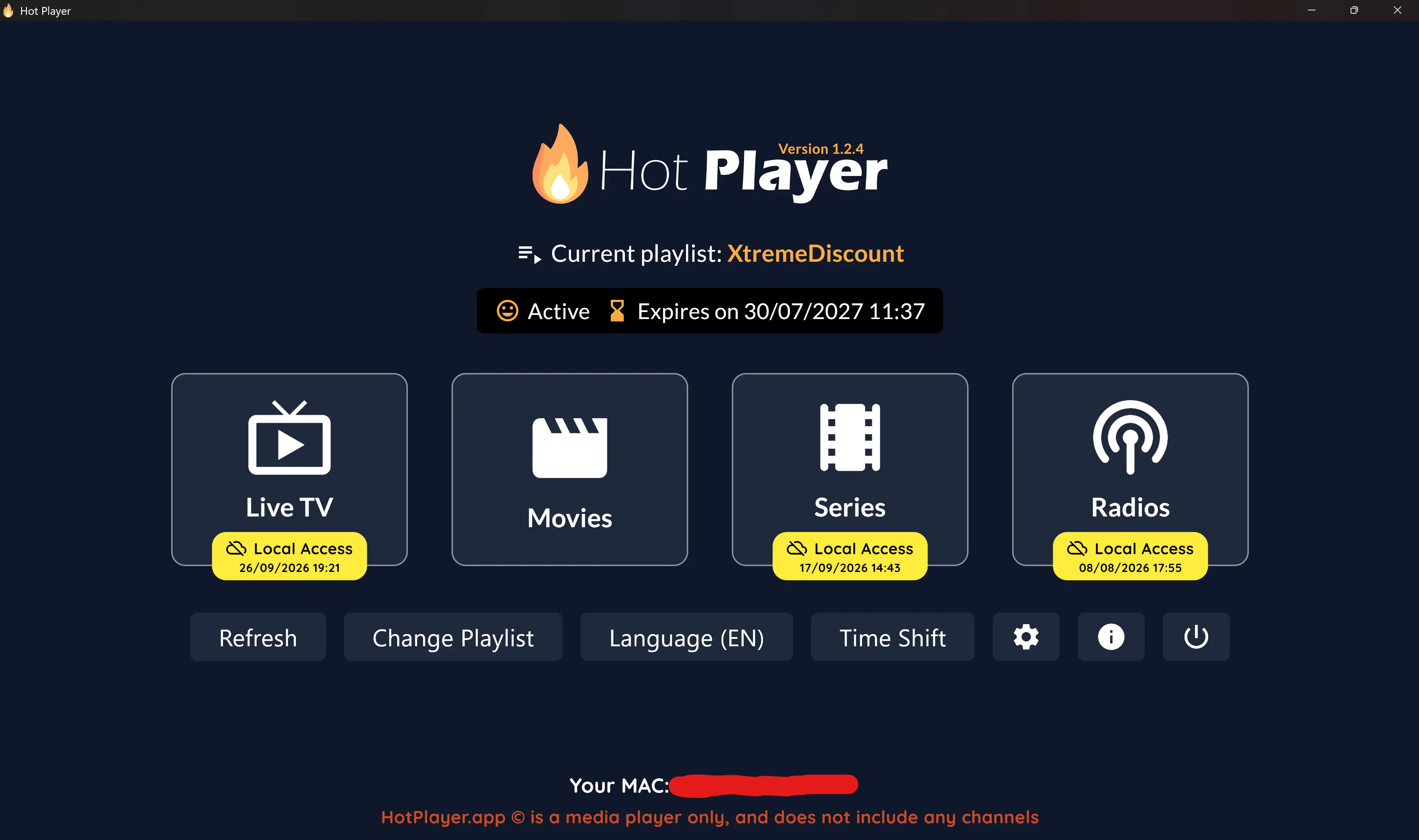 HotPlayer IPTV home screen with Live TV Movies TV Shows and Radio