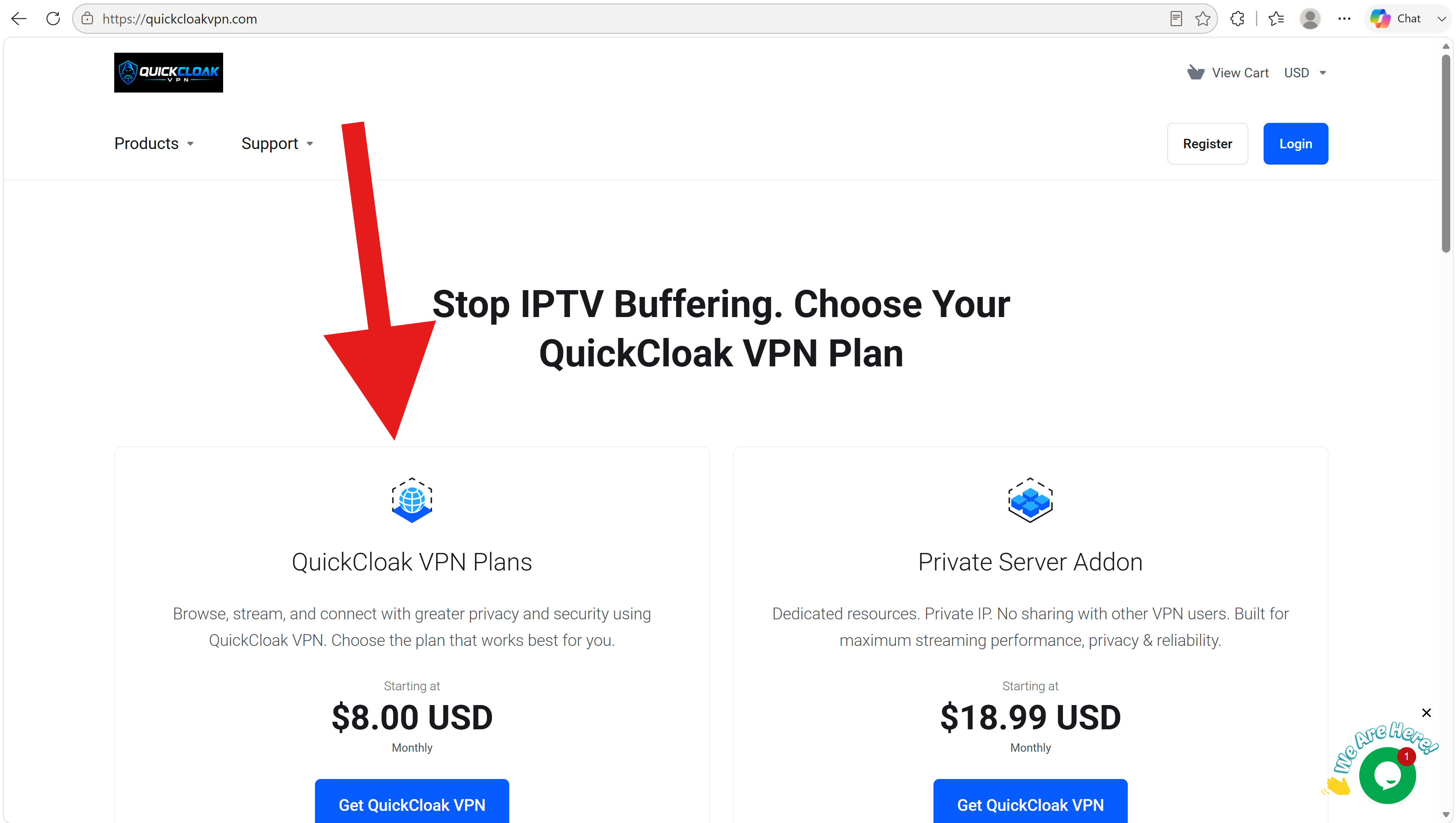 QuickCloakVPN homepage showing the VPN Plans option