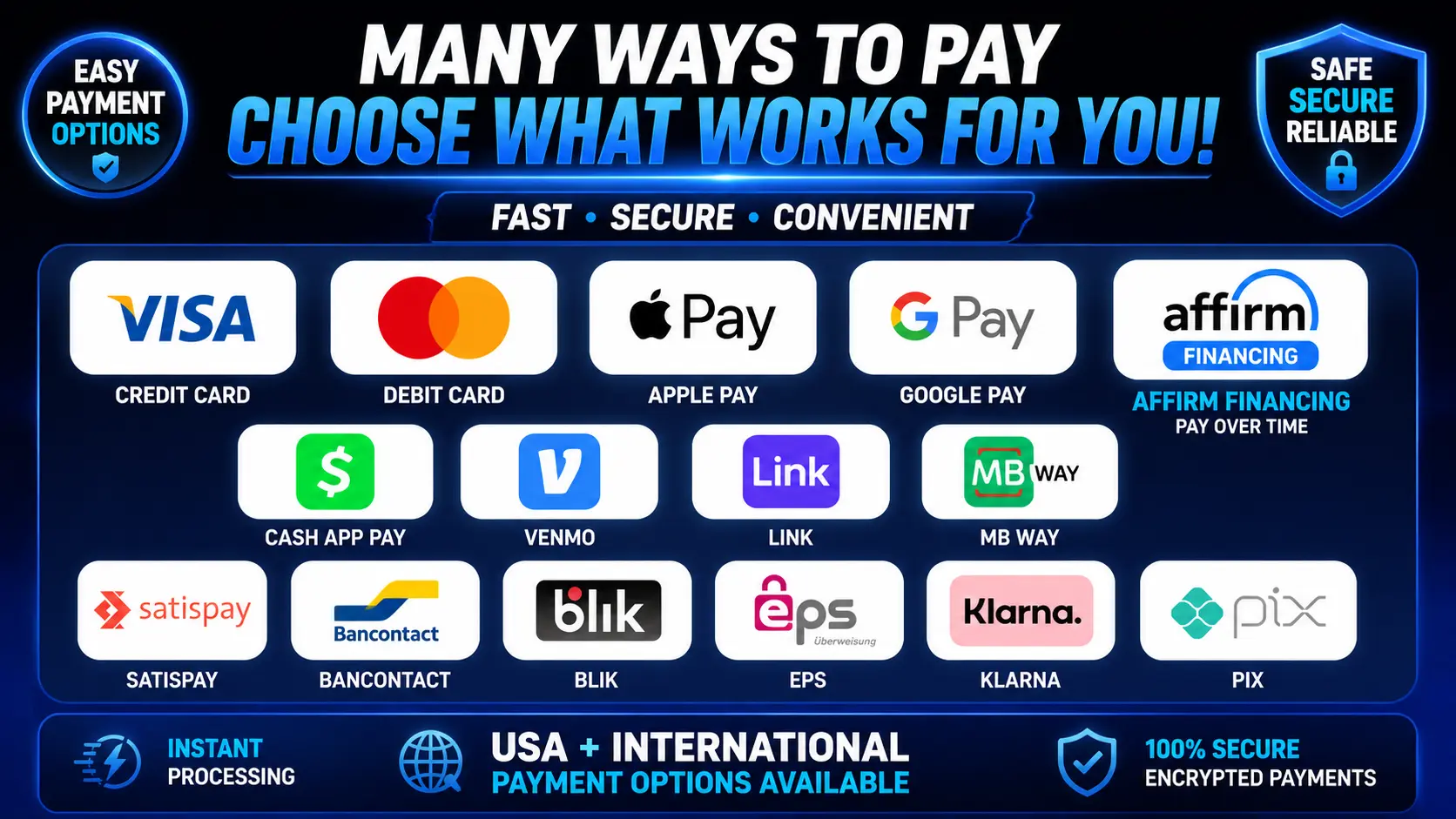 XtremeDiscount IPTV payment methods including credit cards, Apple Pay, Google Pay, financing and international payment options