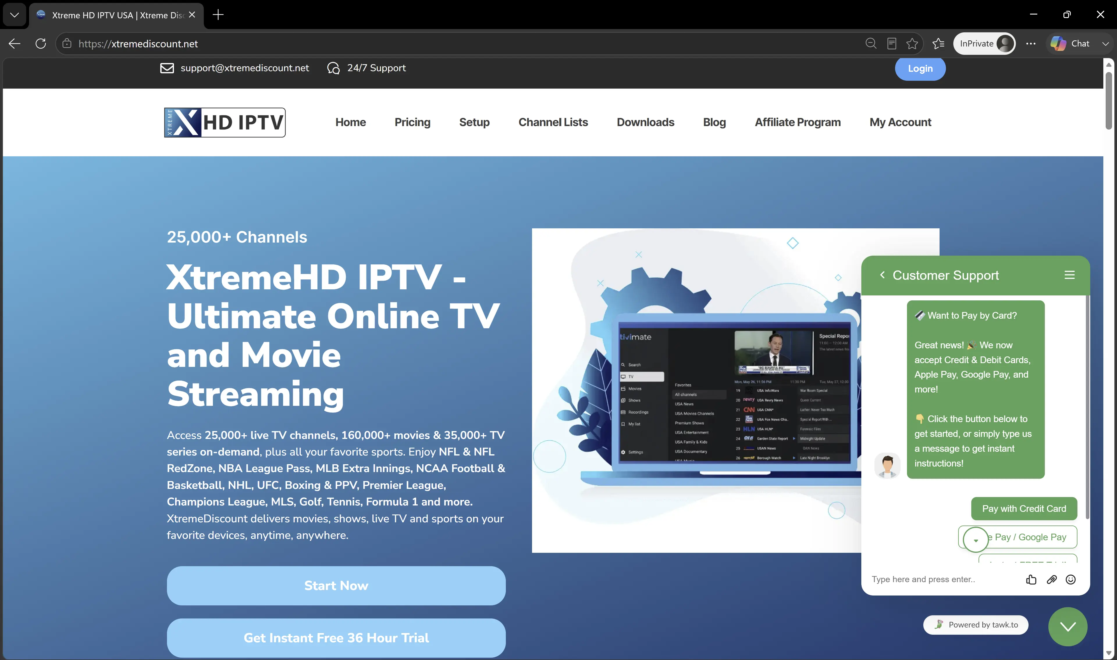 XtremeDiscount homepage showing live chat and Pay with Credit Card button