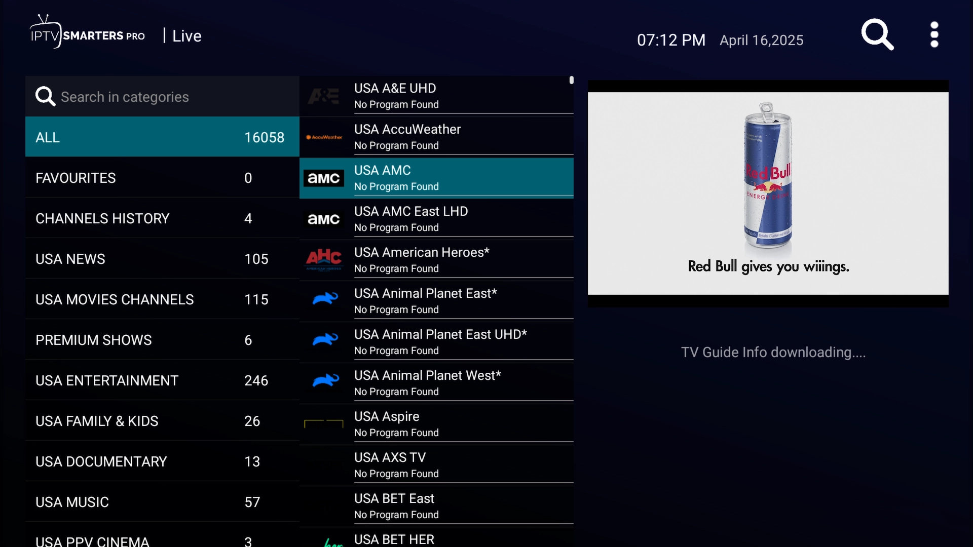 All live TV channels in IPTV Smarters Pro