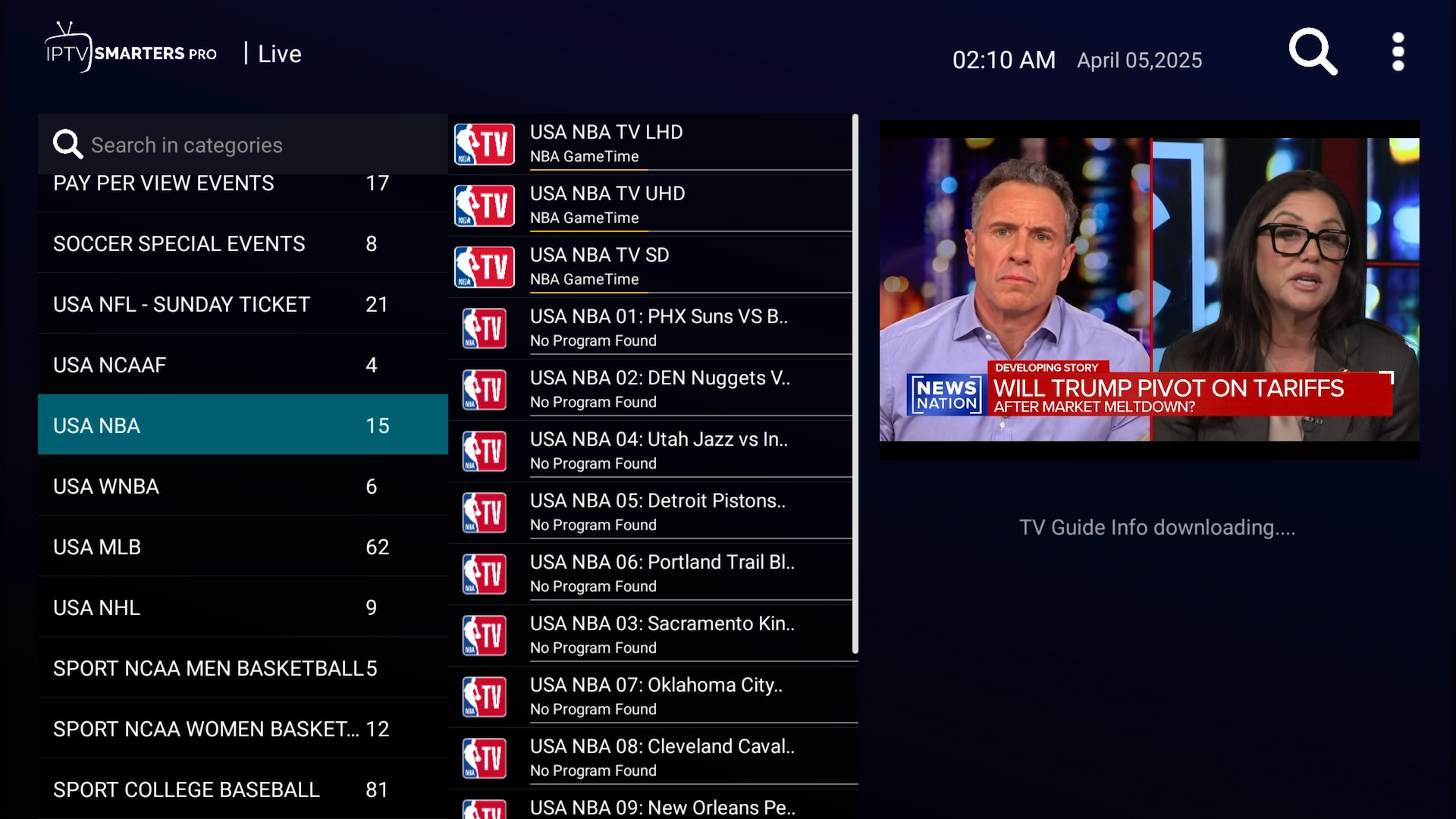 NBA category in IPTV Smarters Pro