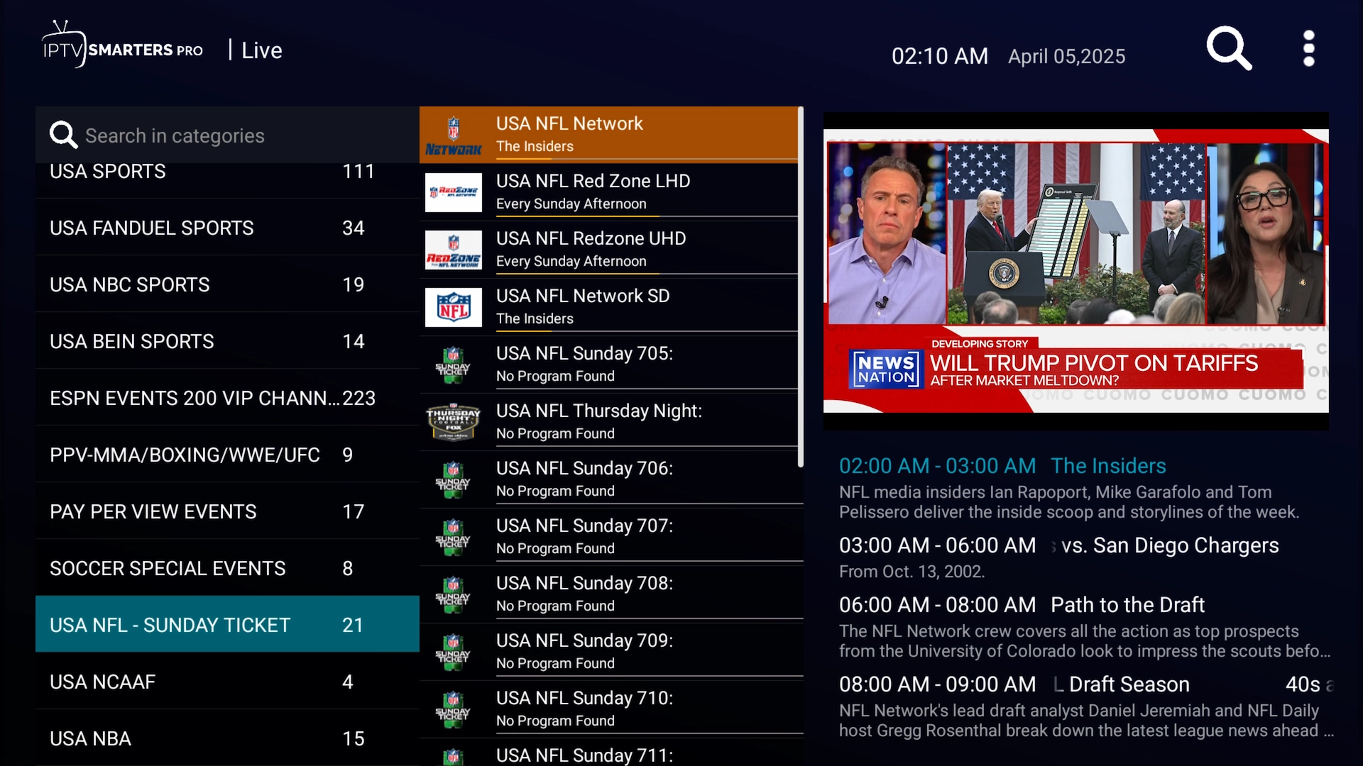 Sunday Ticket category in IPTV Smarters Pro