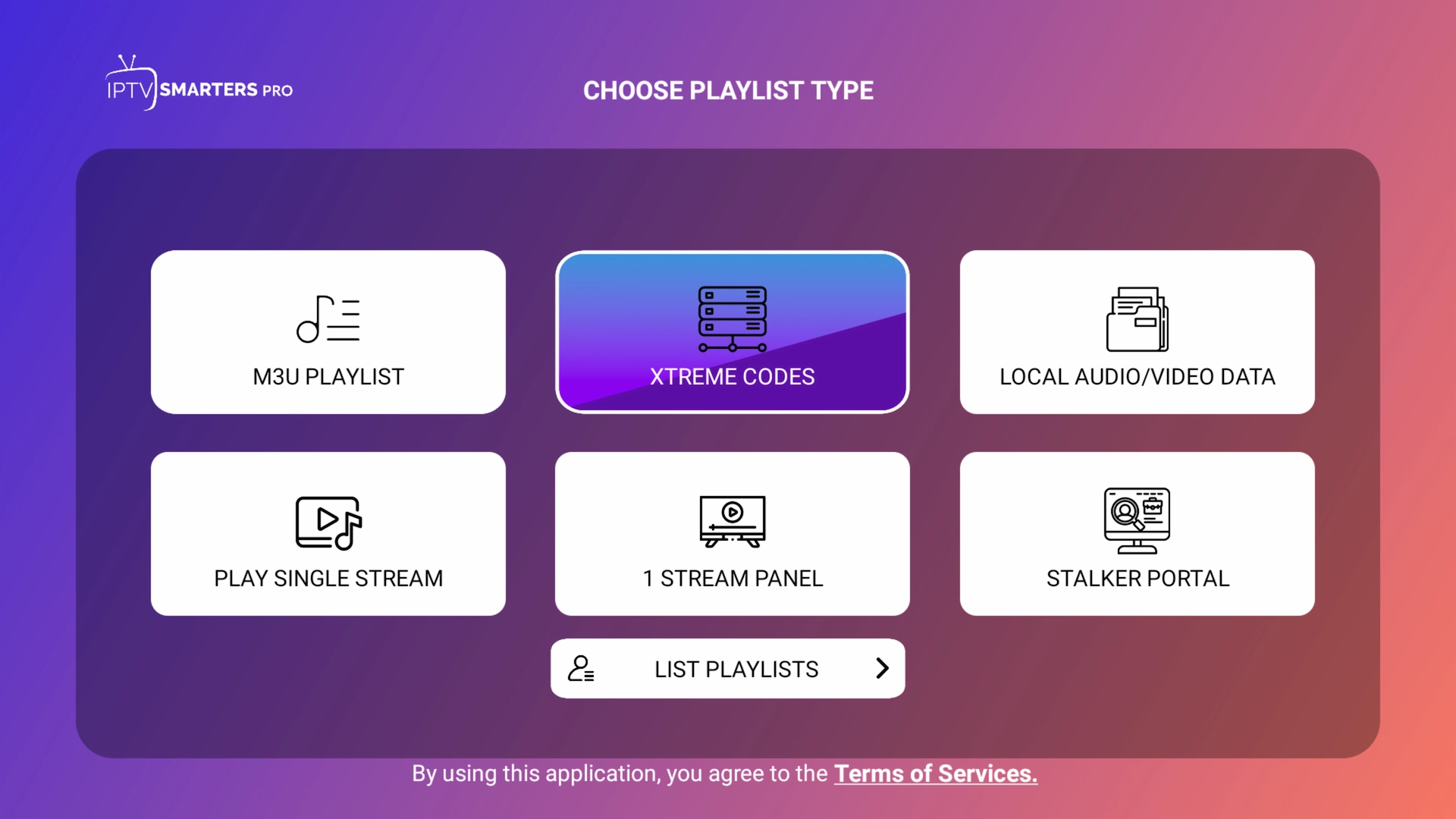 Choosing Xtream Codes API in IPTV Smarters Pro