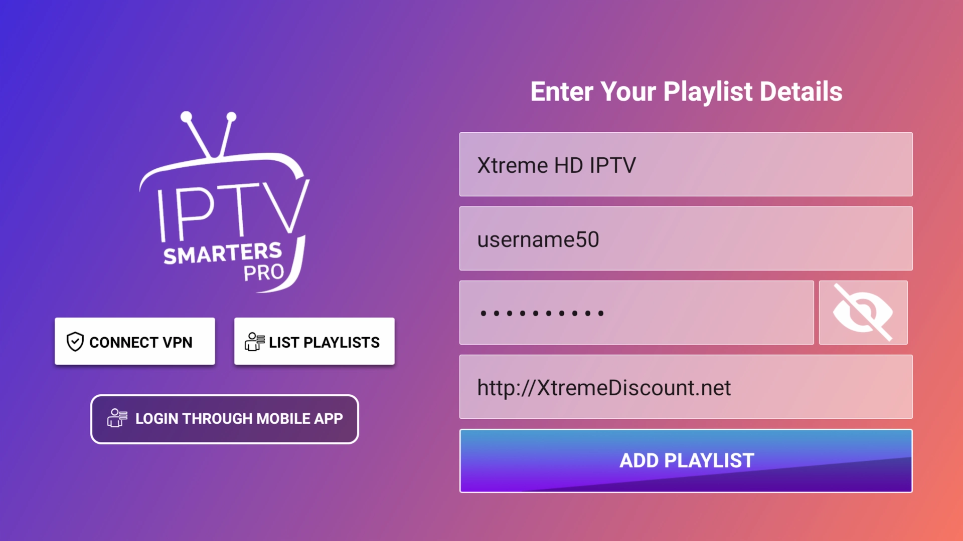 Example Xtream Codes credentials filled in