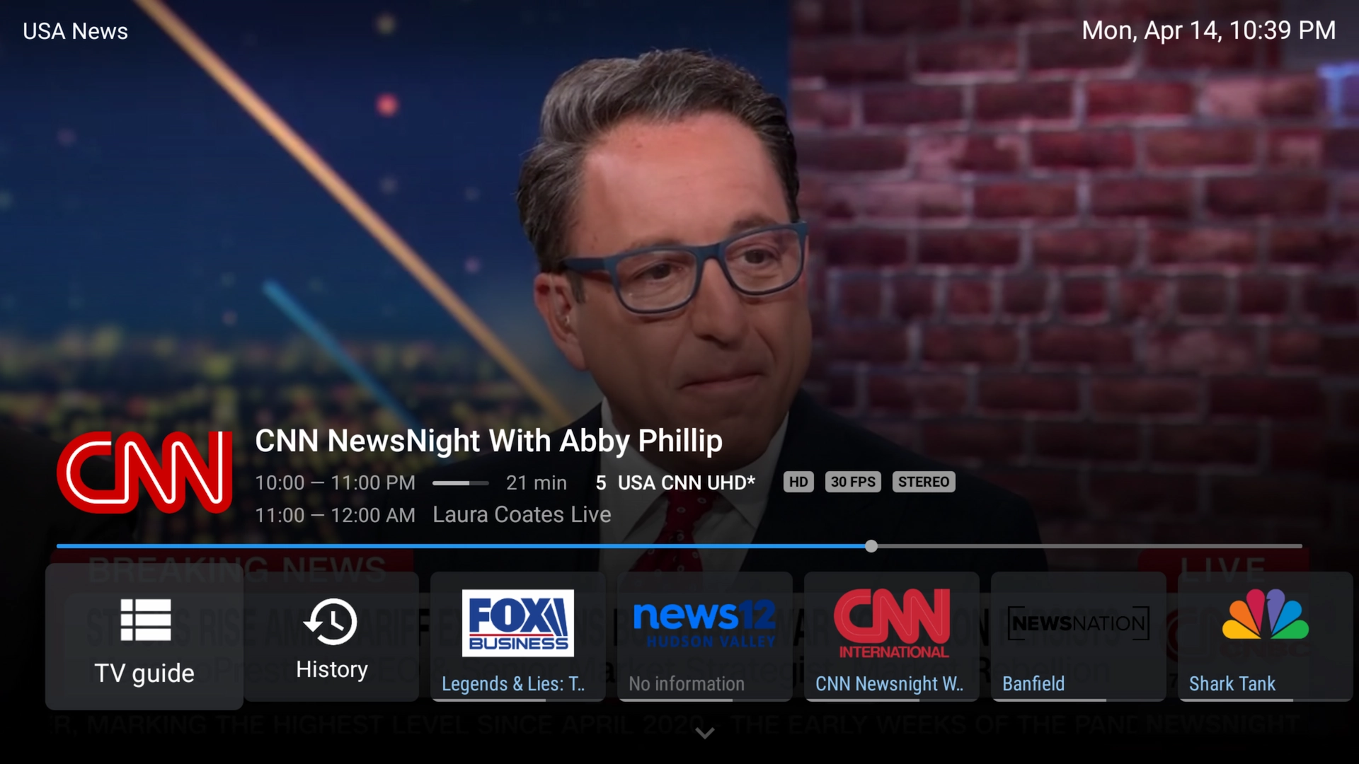 Screenshot Shows Tivimate Playing a TV Channel on full screen.