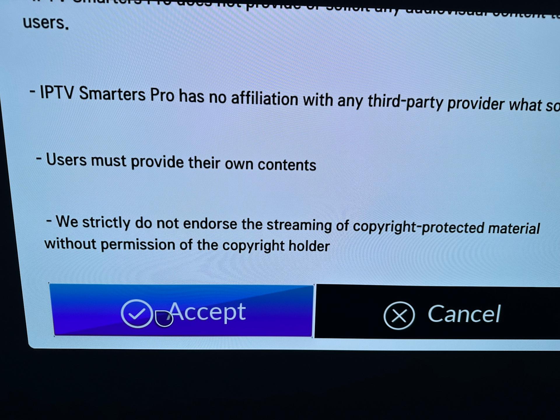IPTV Smarters Pro license agreement prompt