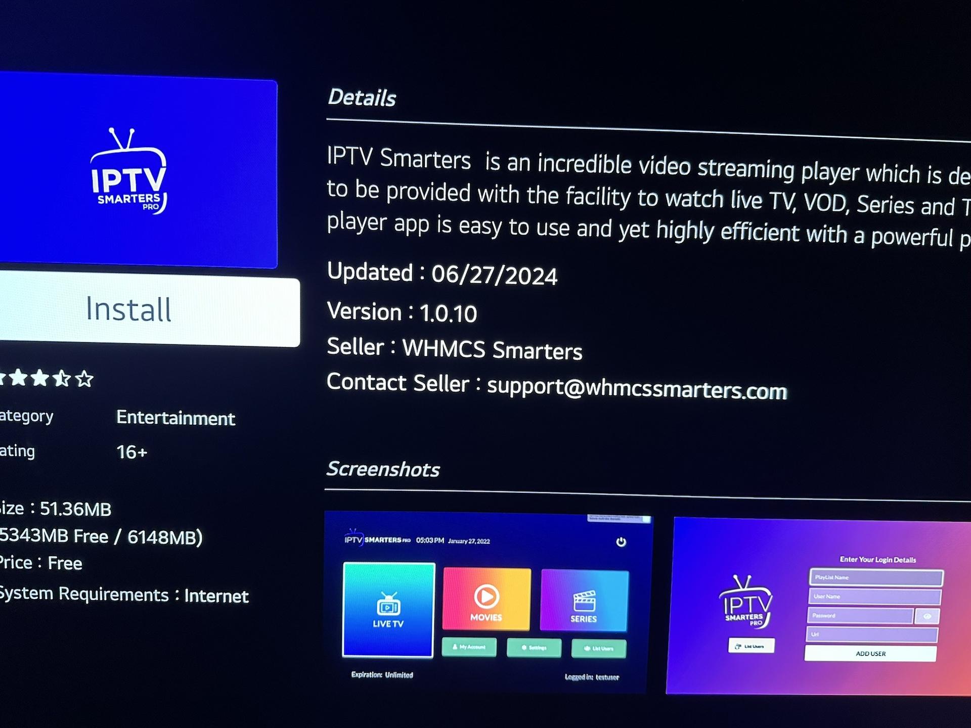 IPTV Smarters Pro app details in LG Content Store