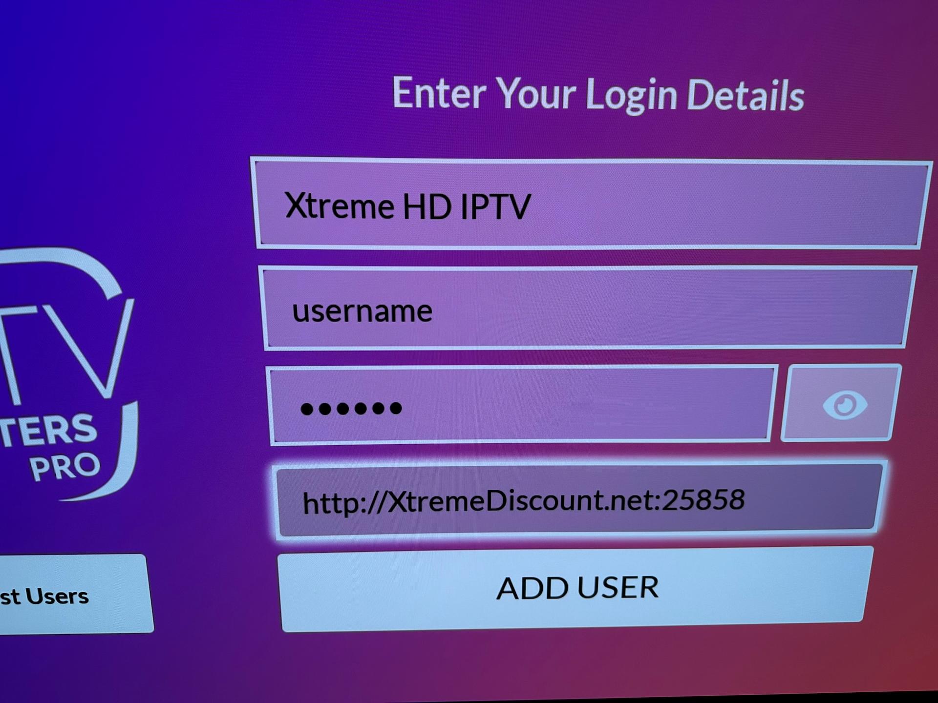 Example Xtream Codes credentials entered